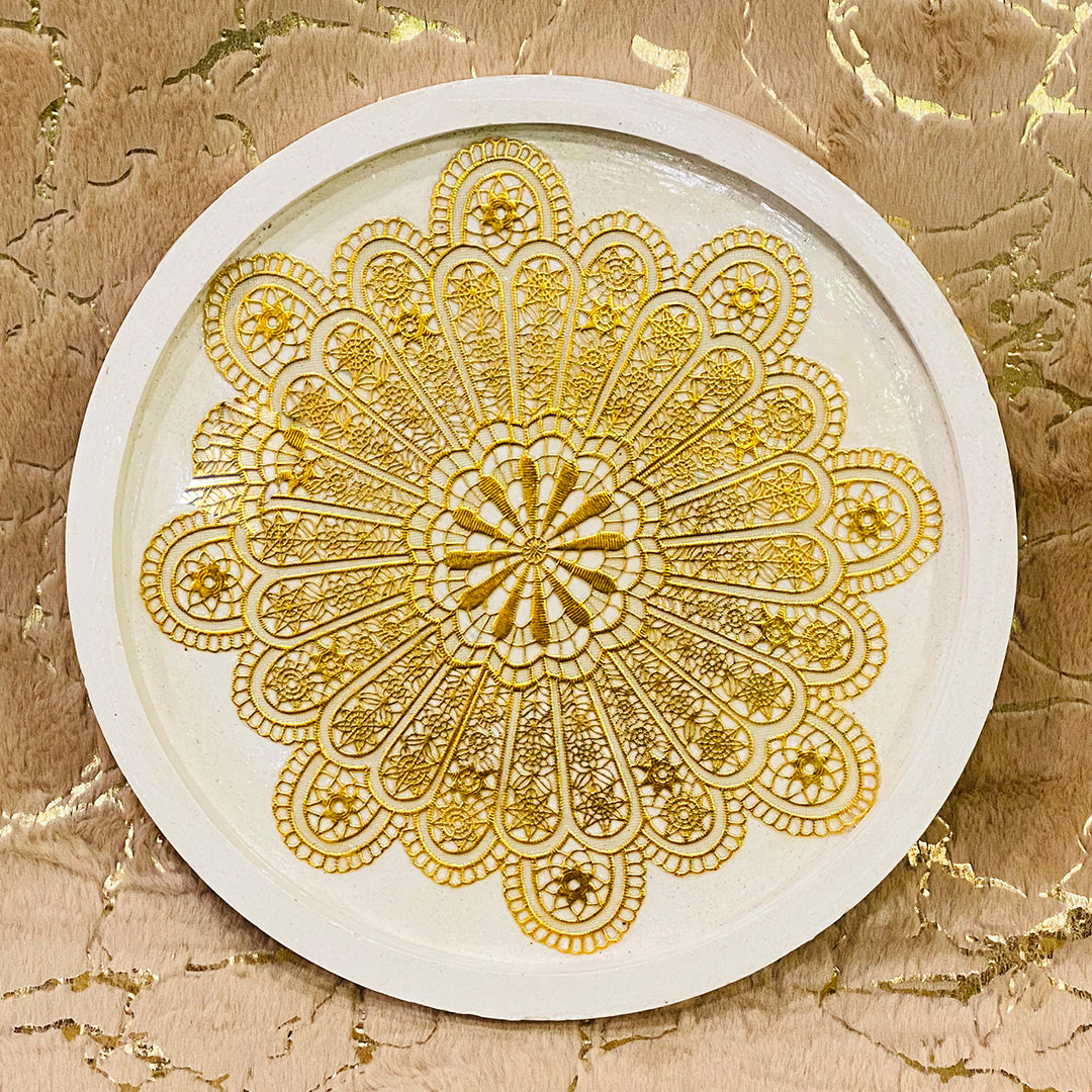 Golden flower 1ft round vanity/dressing decor tray